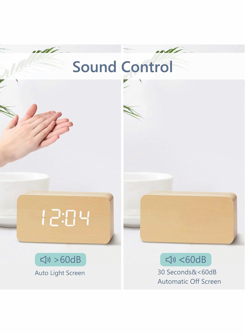SYOSI Wooden Alarm Clock with Wireless Charging Pad, LED Digital Clock with Large Date and Temperature Display, Sound Control, Adjustable Brightness, Suitable for Bedroom, Office, Bedside - Image 5