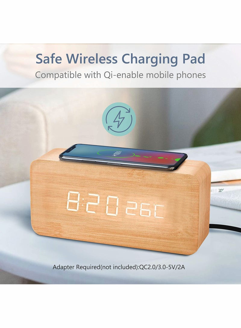 SYOSI Wooden Alarm Clock with Wireless Charging Pad, LED Digital Clock with Large Date and Temperature Display, Sound Control, Adjustable Brightness, Suitable for Bedroom, Office, Bedside - Image 2