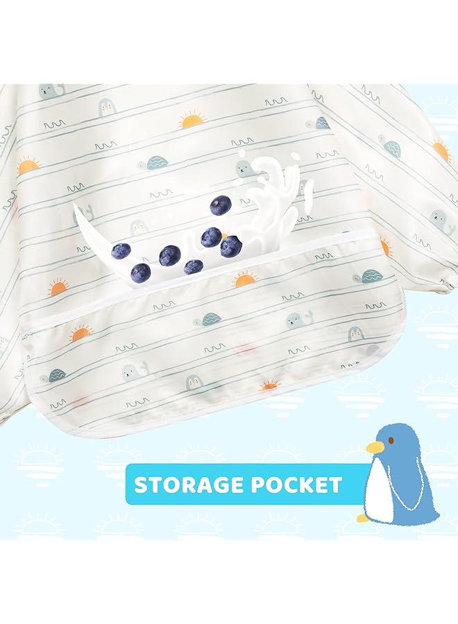 Little Dimsum Long Sleeves Toddler Weaning Bibs Sleeved Baby Waterproof Feeding Coverall Set Catching Food & Wipe Clean 6 36 Months（Turtle&Sun） - Image 3