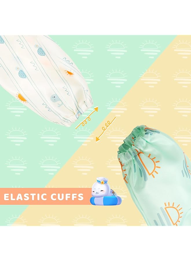 Little Dimsum Long Sleeves Toddler Weaning Bibs Sleeved Baby Waterproof Feeding Coverall Set Catching Food & Wipe Clean 6 36 Months（Turtle&Sun） - Image 2