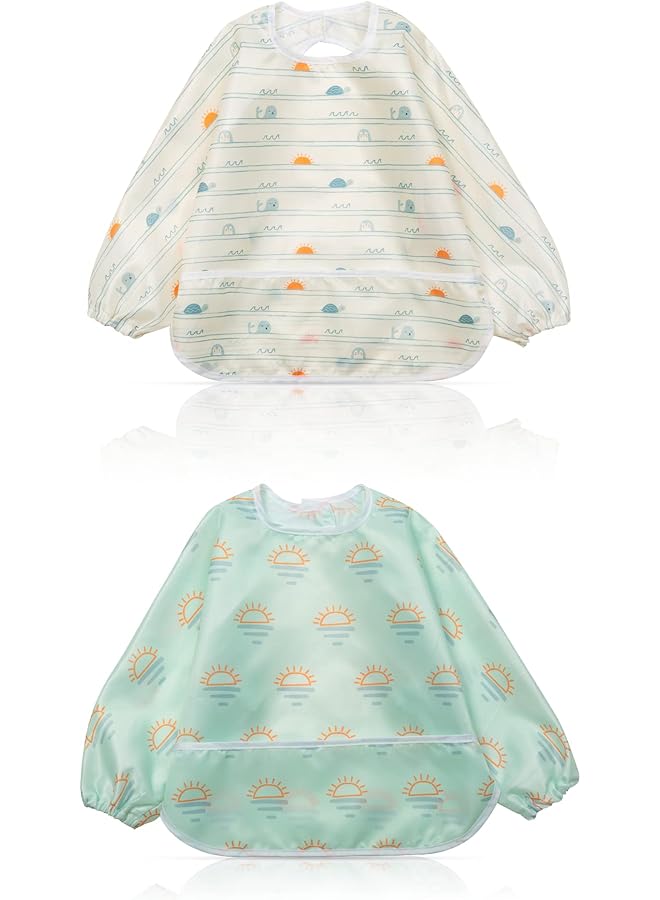Little Dimsum Long Sleeves Toddler Weaning Bibs Sleeved Baby Waterproof Feeding Coverall Set Catching Food & Wipe Clean 6 36 Months（Turtle&Sun） - Image 1
