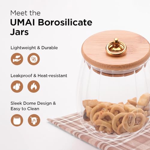 UMAI Borosilicate Glass Jar with Bamboo Lid | Kitchen Organizer Items and Storage | Multi-utility, Leakproof, Airtight Storage Jar for Cookies, Snacks, Tea, Coffee, Sugar | Set of 2 (830ml) - Image 2