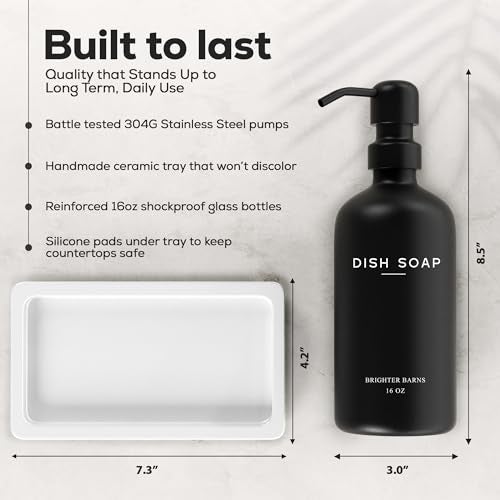 Brighter Barns Luxury Glass Hand and Dish Soap Dispenser Set by Brighter Barns - Kitchen Soap Dispenser Set with Tray for Kitchen, Home or Restaurant - Modern Farmhouse Kitchen Decor (Black/White) - Image 3