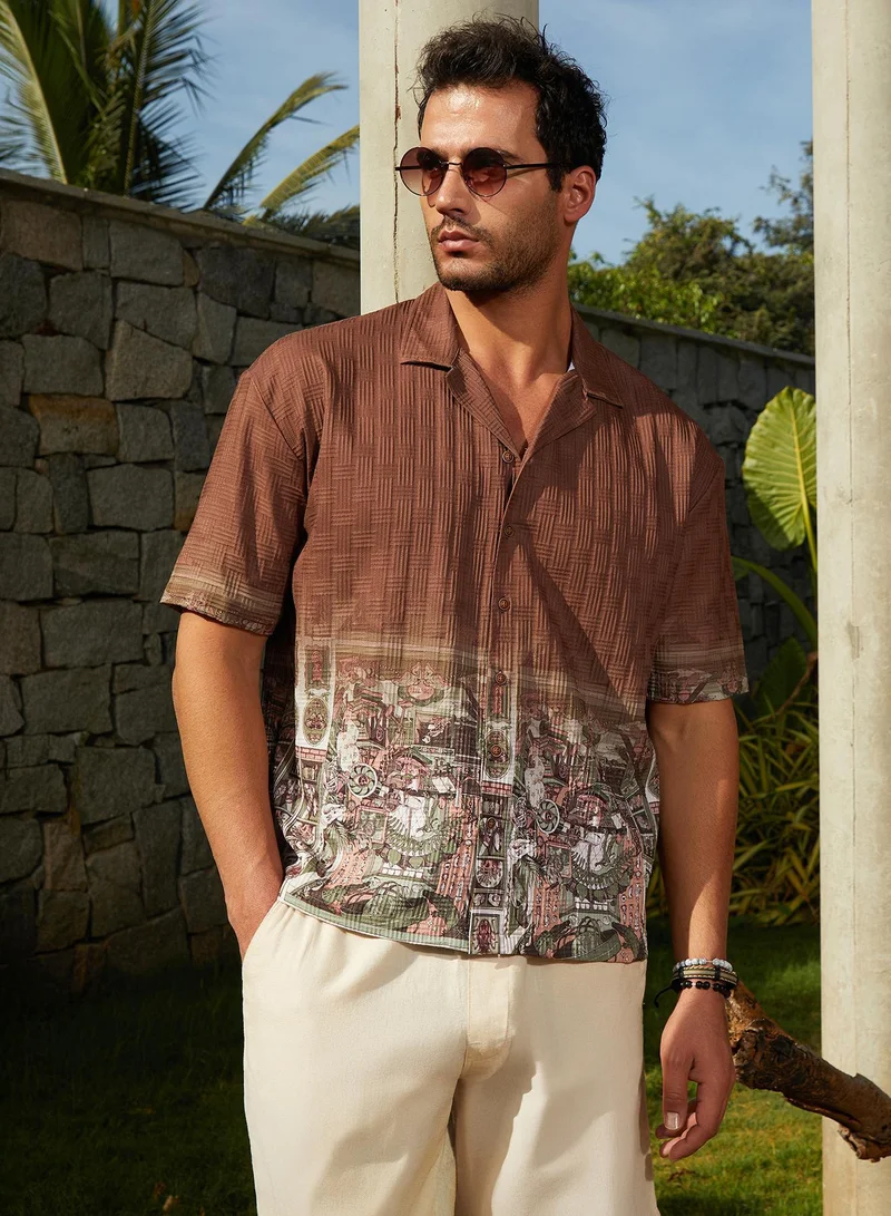 Campus Sutra Men's Ash Brown Indie-Ombre Oversized Shirt For Casual Wear | Cuban Collar | Short Regular Sleeves | Button Closure | Oversized Shirt Crafted With Comfort Fit For Everyday Wear