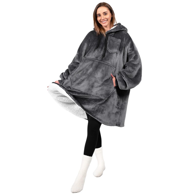 PAVILIA PAVILIA Blanket Hoodie for Women Grey  Sherpa Wearable Blanket Men  Cozy Oversized Sweatshirt Blanket  Warm Fleece Hooded Blanket Sweater with Sleeves and Giant Pocket  Gray - Image 4