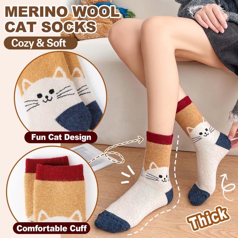 Welwoos Women Merino Wool Cat Socks Thermal Winter Warm Thick Cozy Cute Fun Gifts Crew Boot Socks 5 Pairs Stocking Stuffers(Red/Gray/Deep Blue/Khaki/Black,M) - Image 3