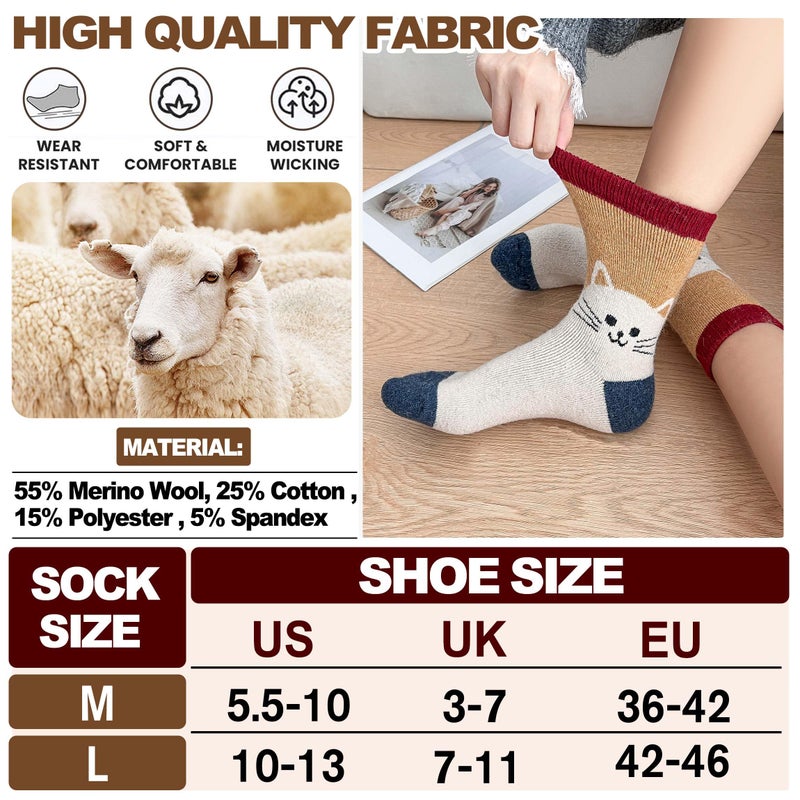 Welwoos Women Merino Wool Cat Socks Thermal Winter Warm Thick Cozy Cute Fun Gifts Crew Boot Socks 5 Pairs Stocking Stuffers(Red/Gray/Deep Blue/Khaki/Black,M) - Image 5