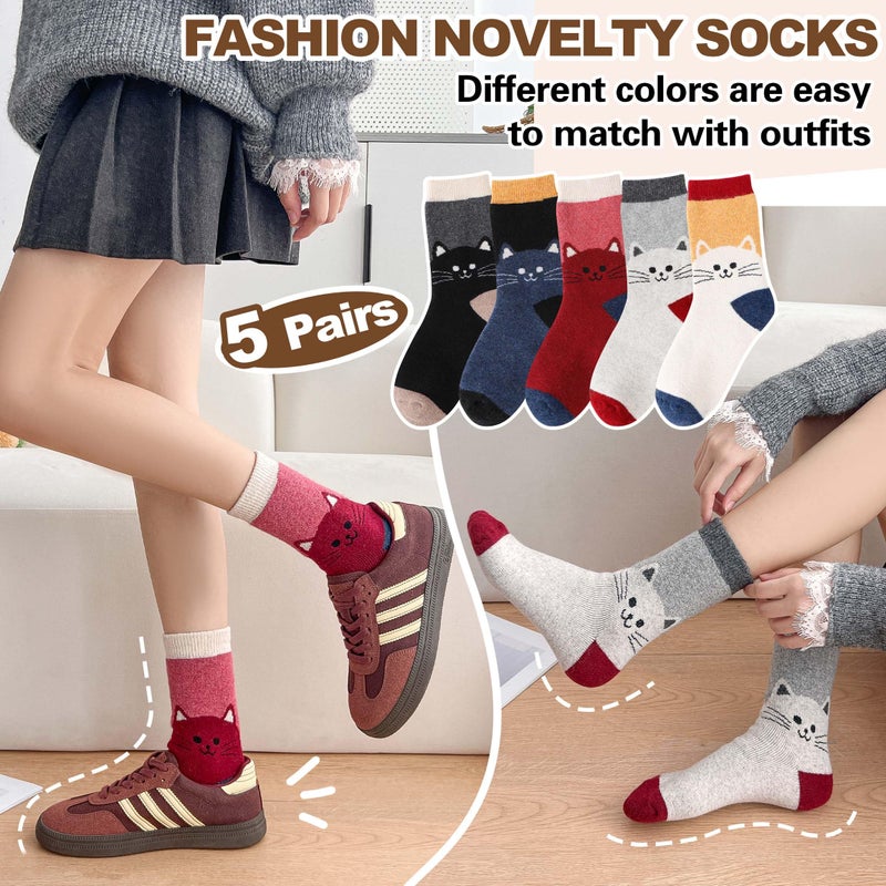 Welwoos Women Merino Wool Cat Socks Thermal Winter Warm Thick Cozy Cute Fun Gifts Crew Boot Socks 5 Pairs Stocking Stuffers(Red/Gray/Deep Blue/Khaki/Black,M) - Image 4