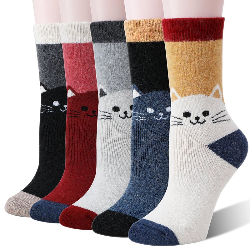 Welwoos Women Merino Wool Cat Socks Thermal Winter Warm Thick Cozy Cute Fun Gifts Crew Boot Socks 5 Pairs Stocking Stuffers(Red/Gray/Deep Blue/Khaki/Black,M) - Image 1
