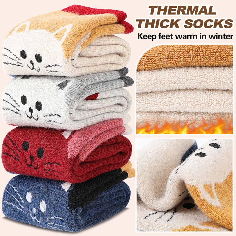 Welwoos Women Merino Wool Cat Socks Thermal Winter Warm Thick Cozy Cute Fun Gifts Crew Boot Socks 5 Pairs Stocking Stuffers(Red/Gray/Deep Blue/Khaki/Black,M) - Image 2