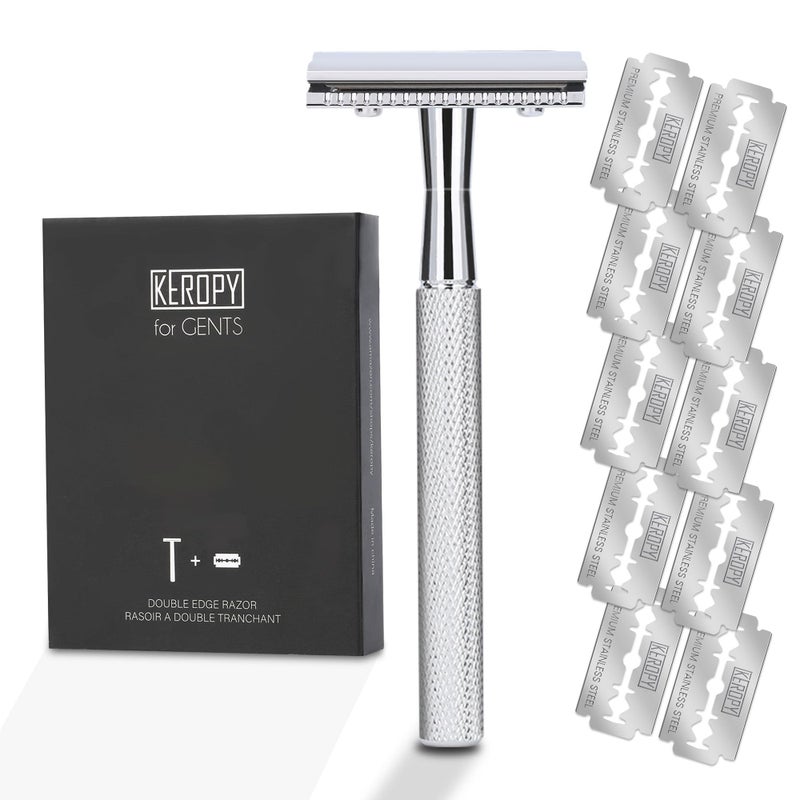 KEROPY Single Blade Safety Razor With 10 Premium Stainless Steel Blades Double Edge Safety Razors For Men, Smooth Wet Shave Experience, Glossy Silver - Image 1