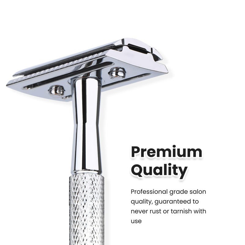 KEROPY Single Blade Safety Razor With 10 Premium Stainless Steel Blades Double Edge Safety Razors For Men, Smooth Wet Shave Experience, Glossy Silver - Image 2