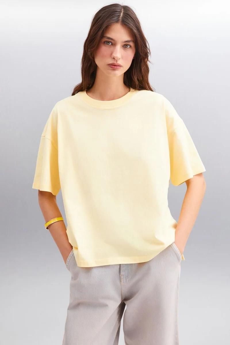 GRIMELANGE Jemmy Women's Basic Jersey Woven Relaxed 100% Organic Cotton Yellow T-shirt