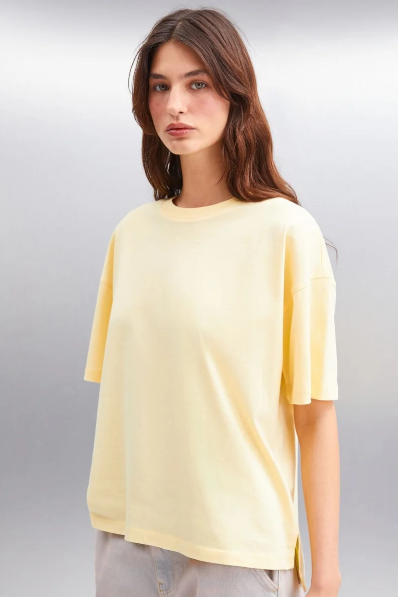GRIMELANGE Jemmy Women's Basic Jersey Woven Relaxed 100% Organic Cotton Yellow T-shirt