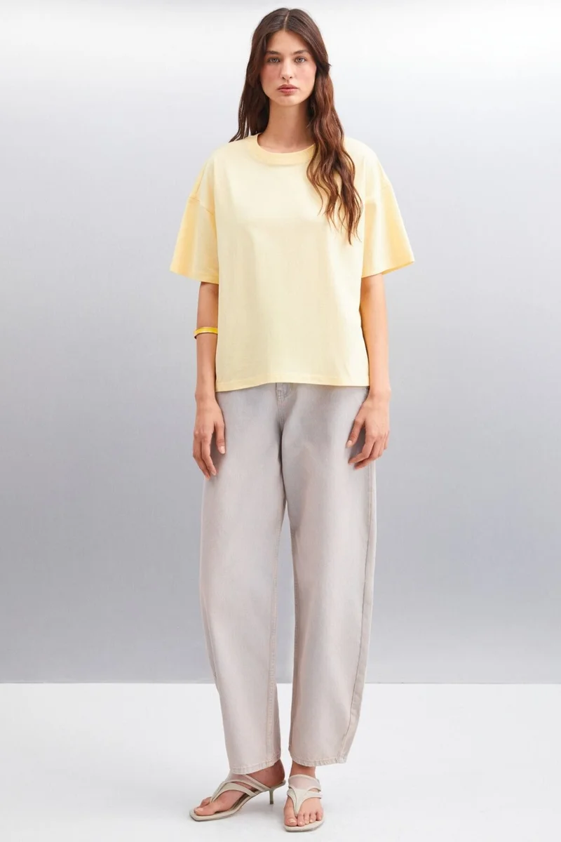 GRIMELANGE Jemmy Women's Basic Jersey Woven Relaxed 100% Organic Cotton Yellow T-shirt