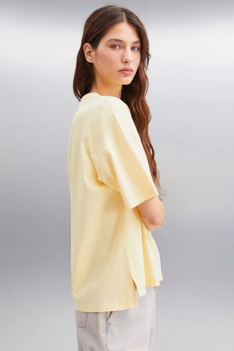 GRIMELANGE Jemmy Women's Basic Jersey Woven Relaxed 100% Organic Cotton Yellow T-shirt