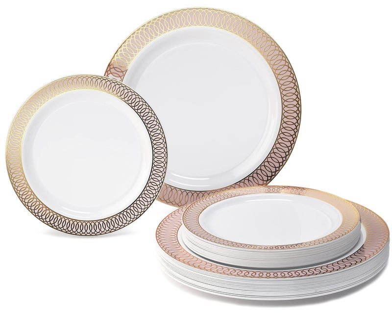 OCCASIONS FINEST PLA "" OCCASIONS "" 50 Plates Pack (25 Guests)-Wedding Party Disposable Plastic Plate Set -25 x 10'' Dinner + 25 x 7.5'' Salad/Dessert plates (Venice in White/Blush/Peach & Gold) - Image 1