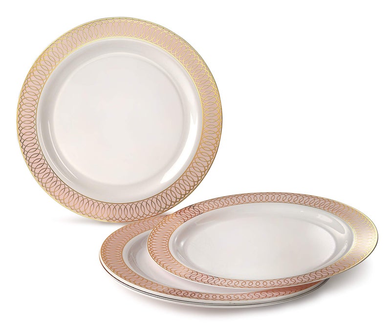OCCASIONS FINEST PLA "" OCCASIONS "" 50 Plates Pack (25 Guests)-Wedding Party Disposable Plastic Plate Set -25 x 10'' Dinner + 25 x 7.5'' Salad/Dessert plates (Venice in White/Blush/Peach & Gold) - Image 2