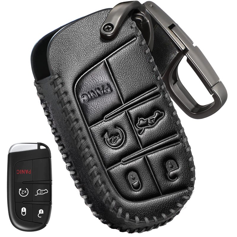 Slohif Leather Key Fob Cover Accessories for Jeep for Grand Cherokee Renegade Chrysler 200 300 Dodge RAM Durango Challenger Journey Dart Fiat 5 Buttons Leather CaseDRingHookBlack