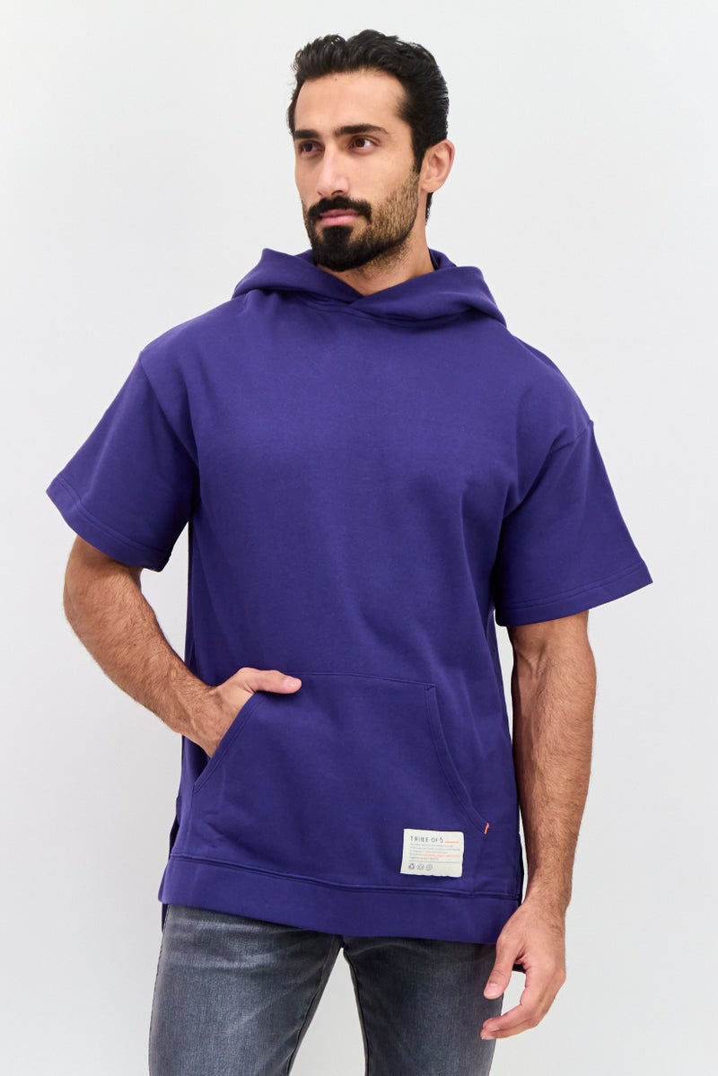 TRIBE OF 6 Men Hooded Short Sleeve Brand Logo Sweatshirt, Blue - Image 1