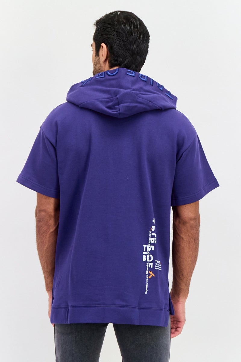 TRIBE OF 6 Men Hooded Short Sleeve Brand Logo Sweatshirt, Blue - Image 3