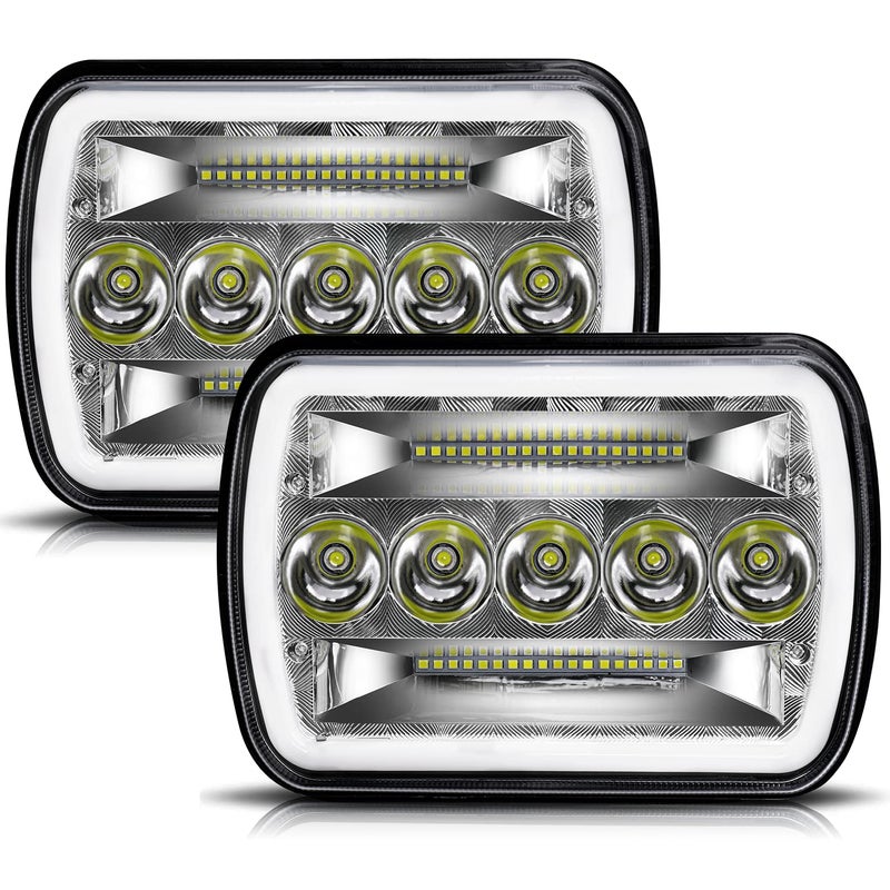 UNISHINE 5x7 7x6 Inch LED Headlights Sealed Beam H6054 LED Headlights AmberWhite DRL Turn Signal Rectangular Headlamp Compatible with XJ Wrangler YJ Replacement H5054 H6054LL Pair