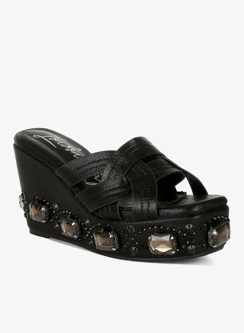 London Rag Chunky Diamante & Rhinestone Cut-Out Sandals in Black - Image 2