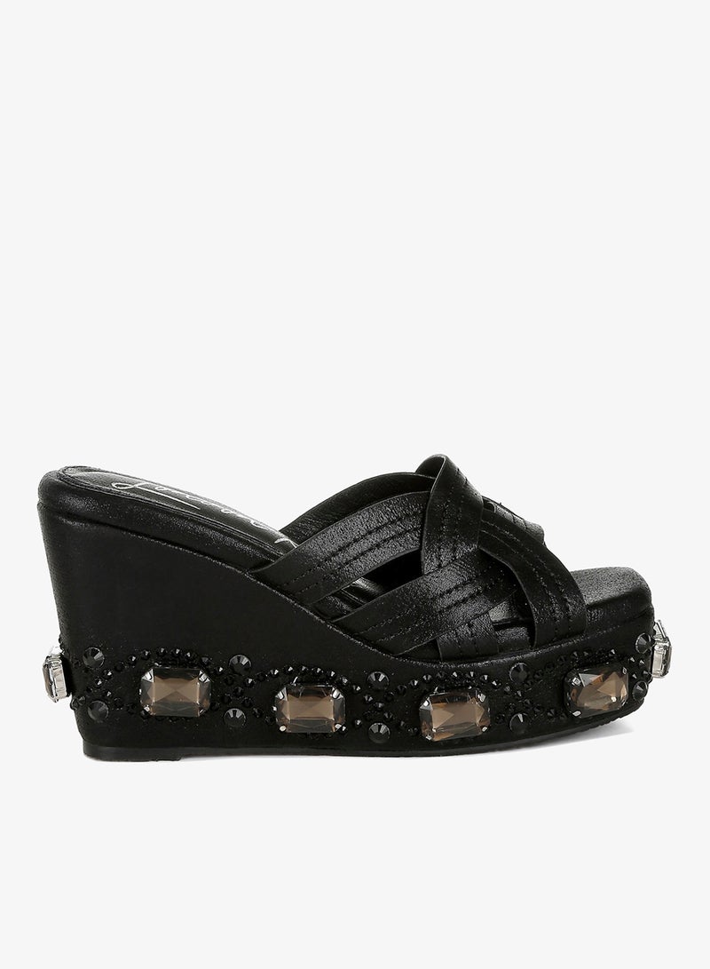 London Rag Chunky Diamante & Rhinestone Cut-Out Sandals in Black - Image 1