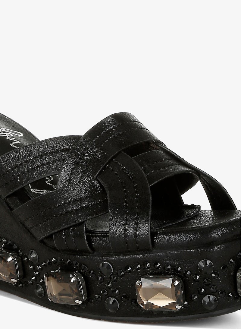 London Rag Chunky Diamante & Rhinestone Cut-Out Sandals in Black - Image 5