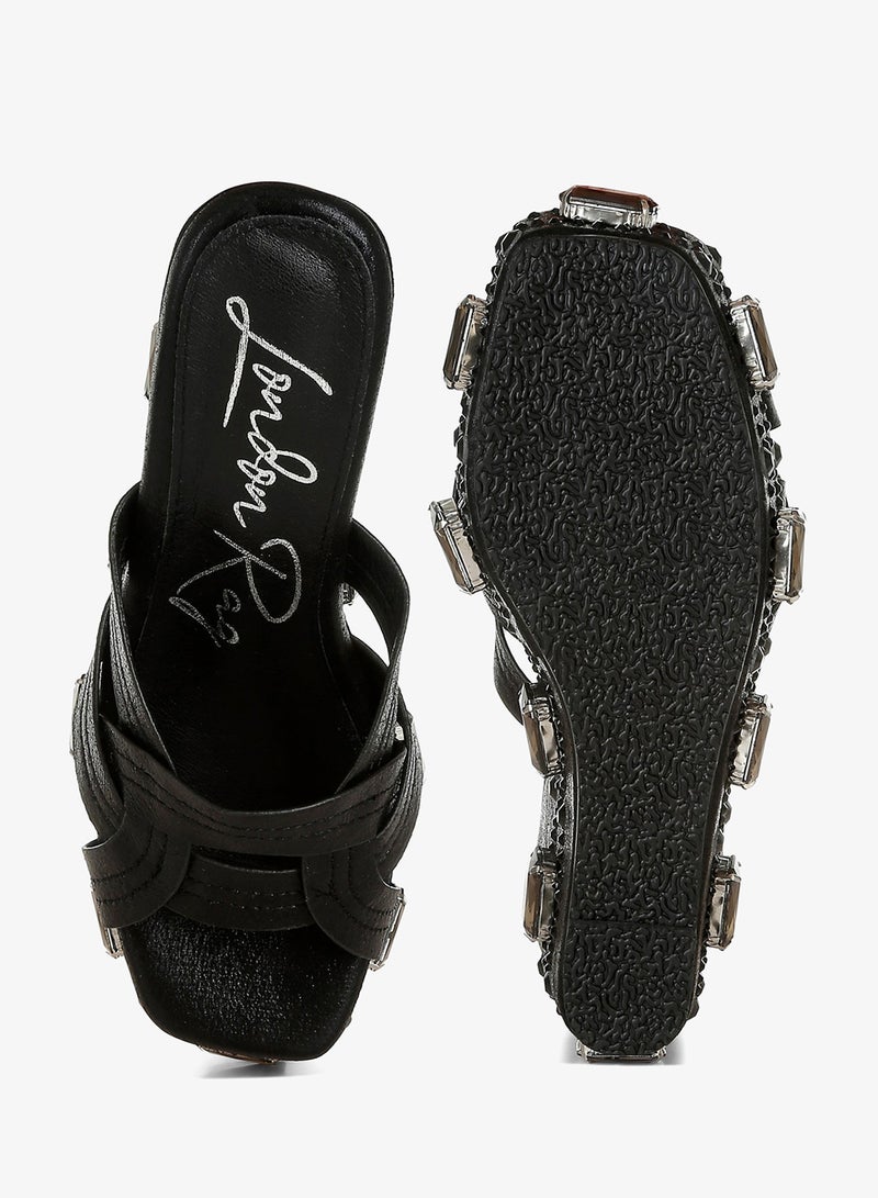 London Rag Chunky Diamante & Rhinestone Cut-Out Sandals in Black - Image 4