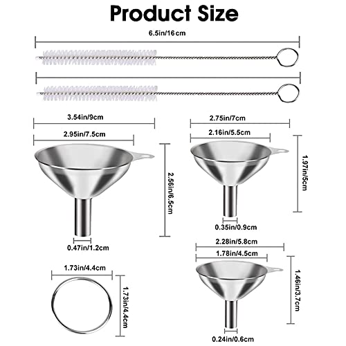 Supvox® 3Pcs Metal Stainless Steel Funnel Set, Large Small Funnel with 2 Clean Brushes, 0.47in/0.35in/0.24in Nozzle, Food Grade Mini Funnels for Kitchen - Image 2