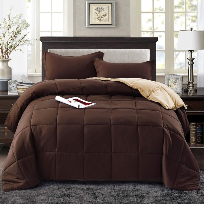 HIG 3PC DOWN ALTERNATIVE COMFORTER SET ALL SEASON REVERSIBLE COMFORTER WITH TWO SHAMS QUILTED DUVET INSERT WITH CORNER TABS BOX STITCHED SUPER SOFT FLUFFY FULLQUEEN CHOCOLATE