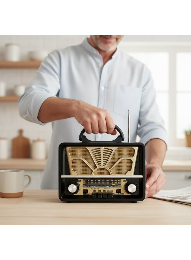 راديو كلاسيك R-7133BT مكبر صوت بلوتوث محمول متعدد الموجات FM/AM/SW مع مشغل MP3 وUSB وكشاف طوارئ للمنزل والرحلات يعمل بالشحن والبطارية - لون اسود - Image 4