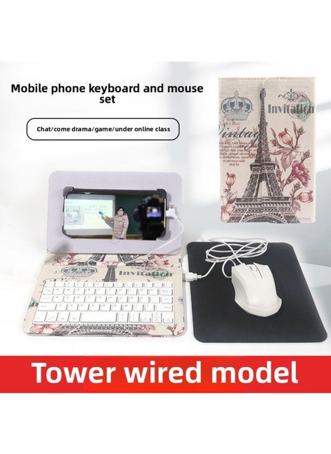 Android Mobile Phone Universal Keyboard Mouse Mobile Phone Protective Case Typing Chat Practice Suitable For Apple 15 Special Keyboard Mouse-Color:[paris Tower] Wired Keyboard + Wired Mouse