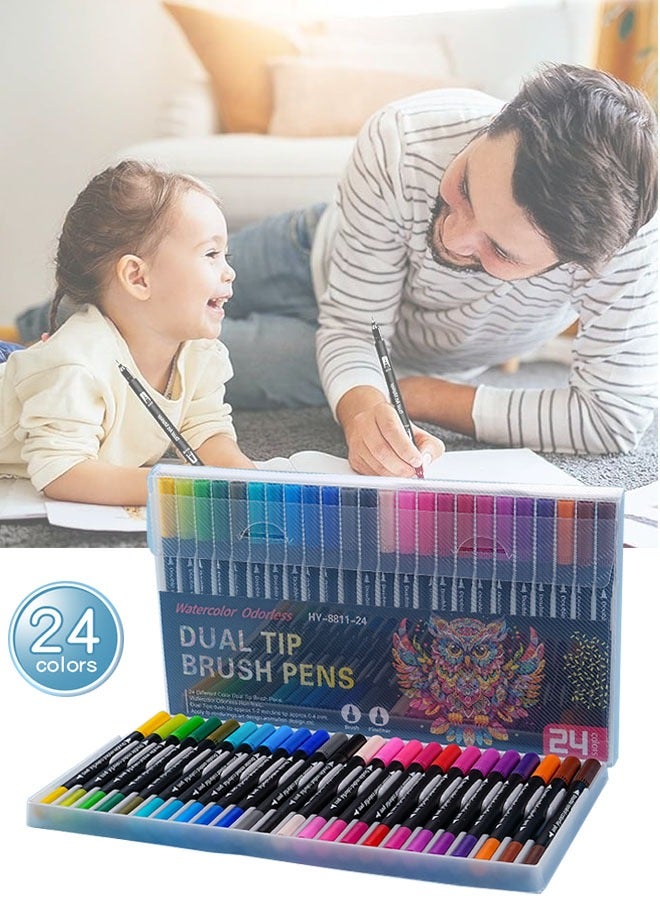 FPC Dual Tip Brush Pens, 24 Colors Felt Tip Pen Set, Doodle Dazzle Outline Markers Pens, Fineliners Felt Pens, for Kids and Adults Drawing Sketching Design Scrapbooking Painting Lettering - Image 1