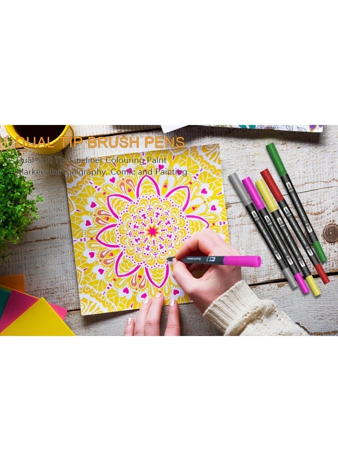 Dual Tip Brush Pens, 24 Colors Felt Tip Pen Set, Doodle Dazzle Outline Markers Pens, Fineliners Felt Pens, for Kids and Adults Drawing Sketching Design Scrapbooking Painting Lettering