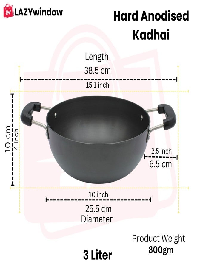 LAZYwindow 3L Hard Anodized Kadhai with Induction Base | Anodize 10” Flat Bottam Kadhai for Deep Frying | Heavy-Duty Black Induction Friendly Cookware | Riveted Handles - Image 4