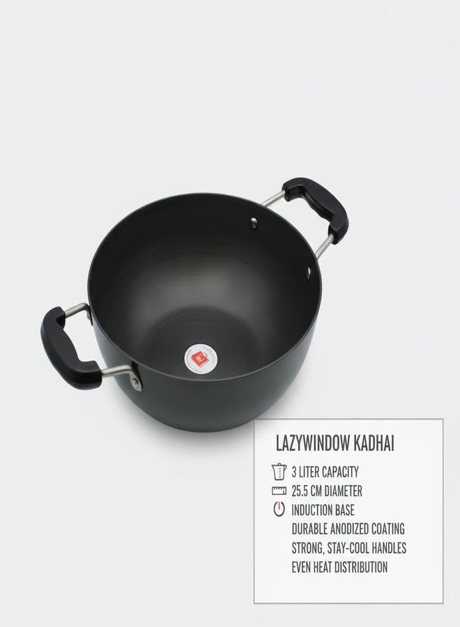 LAZYwindow 3L Hard Anodized Kadhai with Induction Base | Anodize 10” Flat Bottam Kadhai for Deep Frying | Heavy-Duty Black Induction Friendly Cookware | Riveted Handles - Image 3