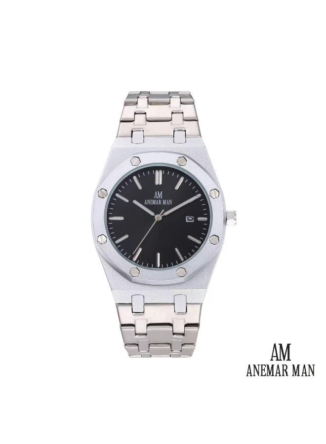 ANEMAR MAN High-quality, water-resistant men's stainless steel wristwatch with a silver strap and black dial.