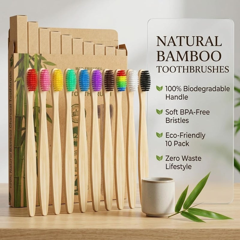 Sumshy Pack of 10 Bamboo Toothbrushes Soft, Premium Bristles of the Toothbrush for Best Cleanliness, 100% BPA-Free, Plastic-Free, Vegan, Environmentally Friendly, Recyclable, Biodegradable - Image 5