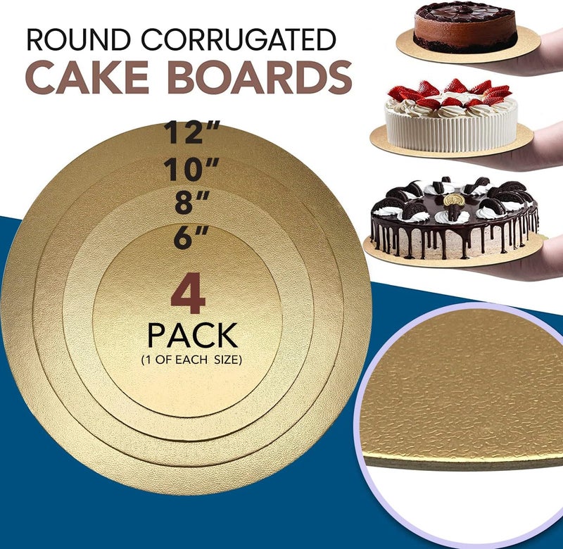 Goiio 4 Pack Cake Boards Golden Round Cake Circles 6, 8, 10, 12 Inch Cake Base Cardboard, 1 of Each Size Set for Baking Cake, Gold - Image 2
