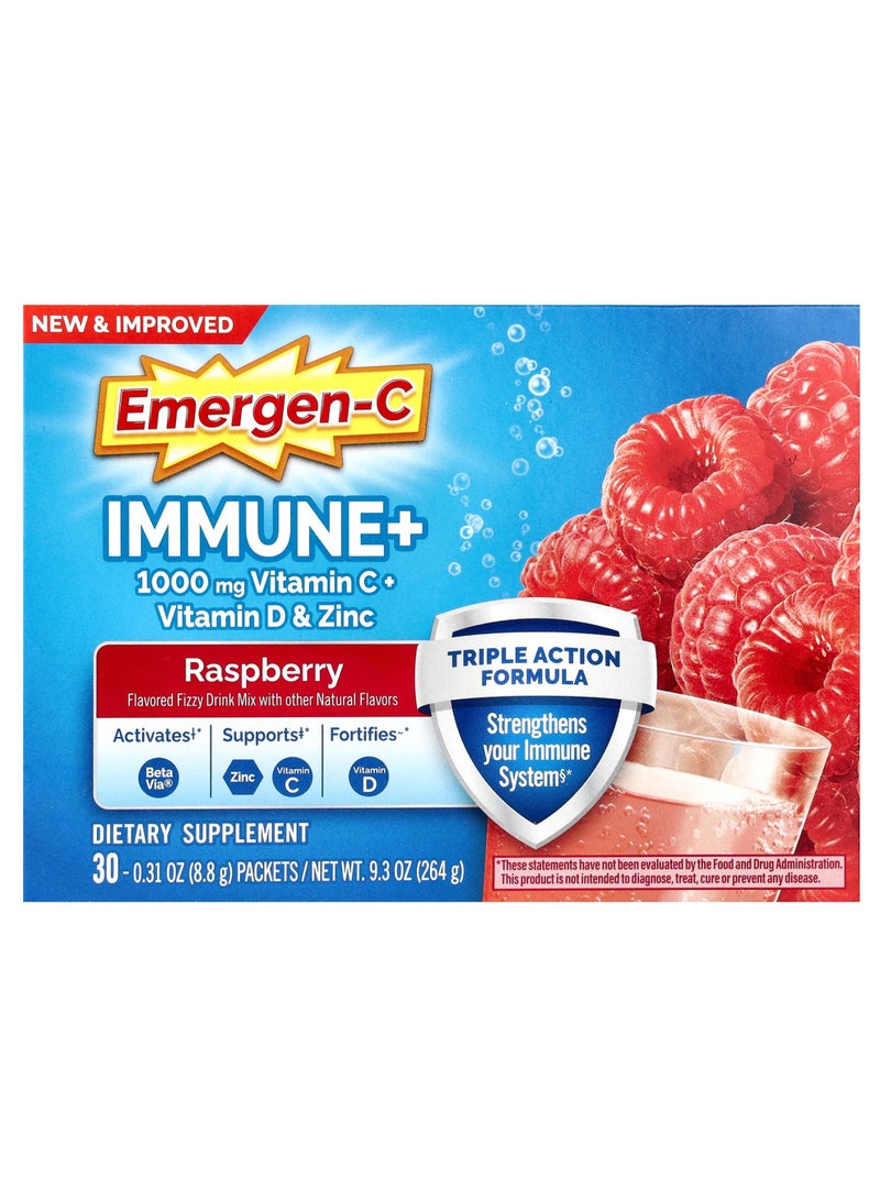 Immune+ Vitamin C + Vitamin D & Zinc, Raspberry, 30 Packets, 0.31 oz (8.8 g) Each