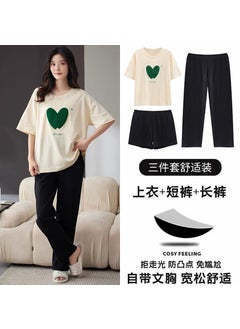 [New Three-piece Set] Short-sleeved Pants Shorts Pajamas Womens Summer Loose plus size with Chest Pad Home ClothesThree-piece suit-[trousers short sleeve shorts] green love Three-piece suit-[trousers short sleeve shorts] green love