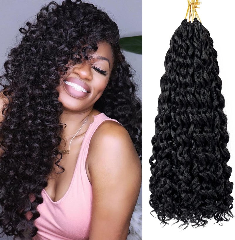 Eerya 7 Packs GoGo Curl Crochet Hair 18 Inch Long Curly Crochet Hair for Women Beach Curl Water Wave Deep Twist Crochet Braids Synthetic Braiding Hair Extensions(18 Inch, 1B) - Image 1