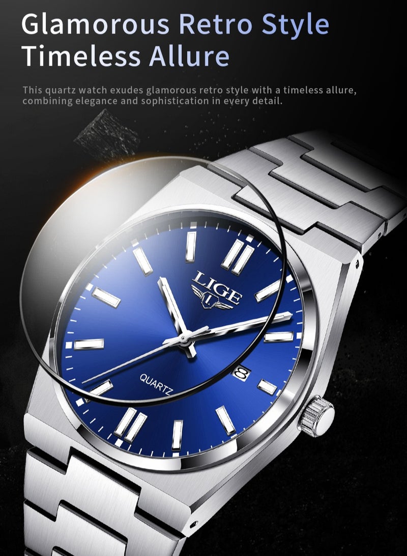 LIGE ​​LIGE Men's Business Quartz Watch - Silver-Tone Case with Blue Dial, Luminous Display, Multi-Function Calendar, 30M Water Resistance, Modern Business Style for Workplace & Formal Occasions​​  - Image 2