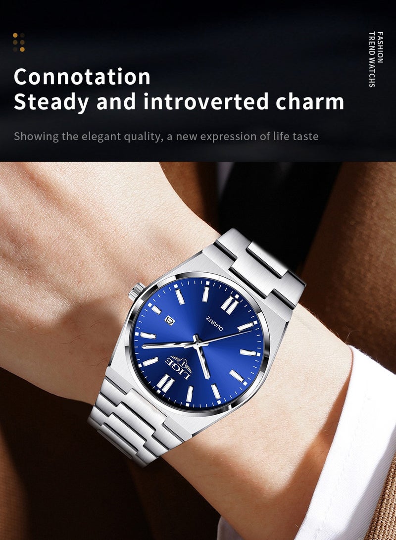 LIGE ​​LIGE Men's Business Quartz Watch - Silver-Tone Case with Blue Dial, Luminous Display, Multi-Function Calendar, 30M Water Resistance, Modern Business Style for Workplace & Formal Occasions​​  - Image 4