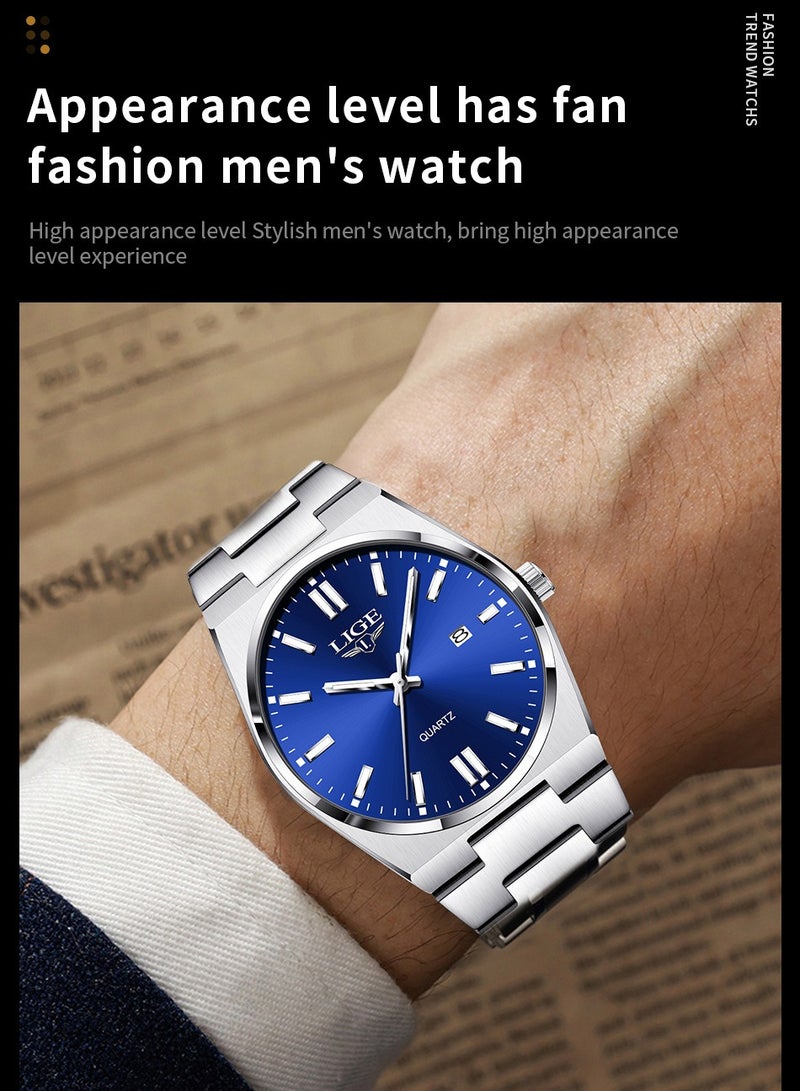 LIGE ​​LIGE Men's Business Quartz Watch - Silver-Tone Case with Blue Dial, Luminous Display, Multi-Function Calendar, 30M Water Resistance, Modern Business Style for Workplace & Formal Occasions​​  - Image 3
