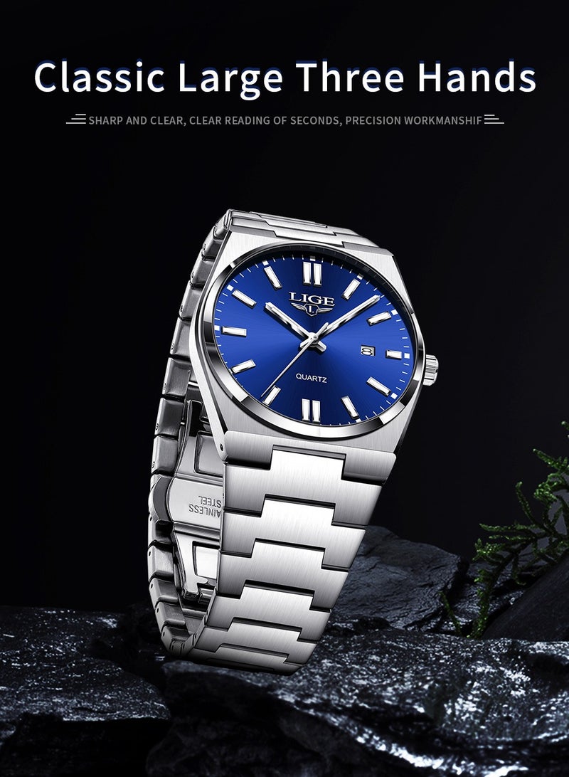 LIGE ​​LIGE Men's Business Quartz Watch - Silver-Tone Case with Blue Dial, Luminous Display, Multi-Function Calendar, 30M Water Resistance, Modern Business Style for Workplace & Formal Occasions​​  - Image 5
