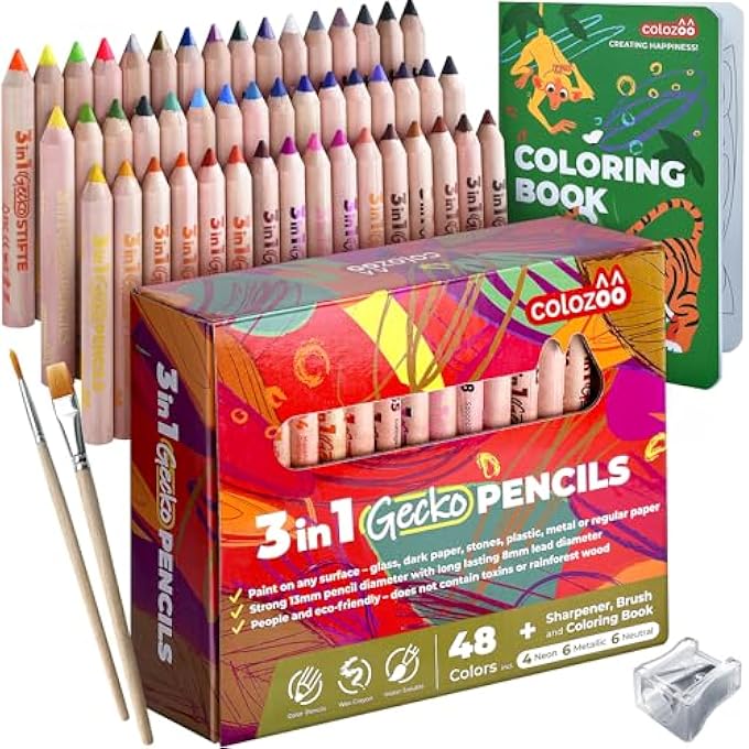 colozoo GECKO 3 IN 1 STIFTE KINDER SET | 48 KINDERSTIFTE SET INKLUSIVE 2 PINSEL, ANSPITZER UND MALBUCH AB 3 JAHRE | UNTOXIC UND VEGANE DICKE BUNTSTIFTE FÜR KLEINKINDER - Image 1