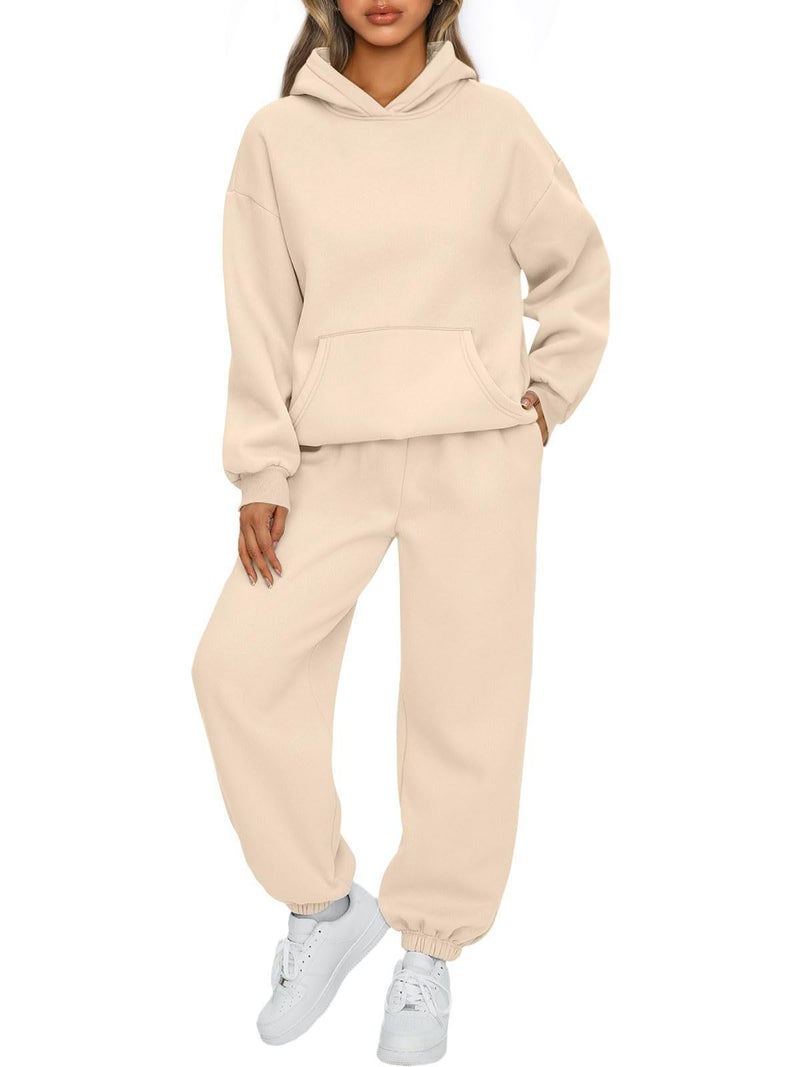 2023 Autumn Winter Womens Hoodie and Pants Set Apricot